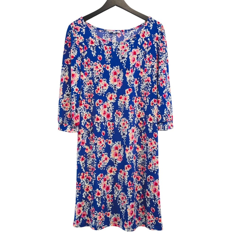 Mary Square Floral Dress Women L Blue 3/4 Sleeve Retro Shift Mod Stretchy Midi